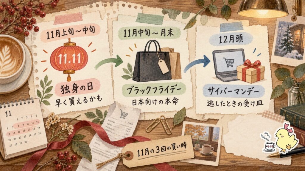 pCloudの11月から12月頭の買い時3回。独身の日が11月上旬から中旬、ブラックフライデーが中旬から月末、サイバーマンデーが12月頭