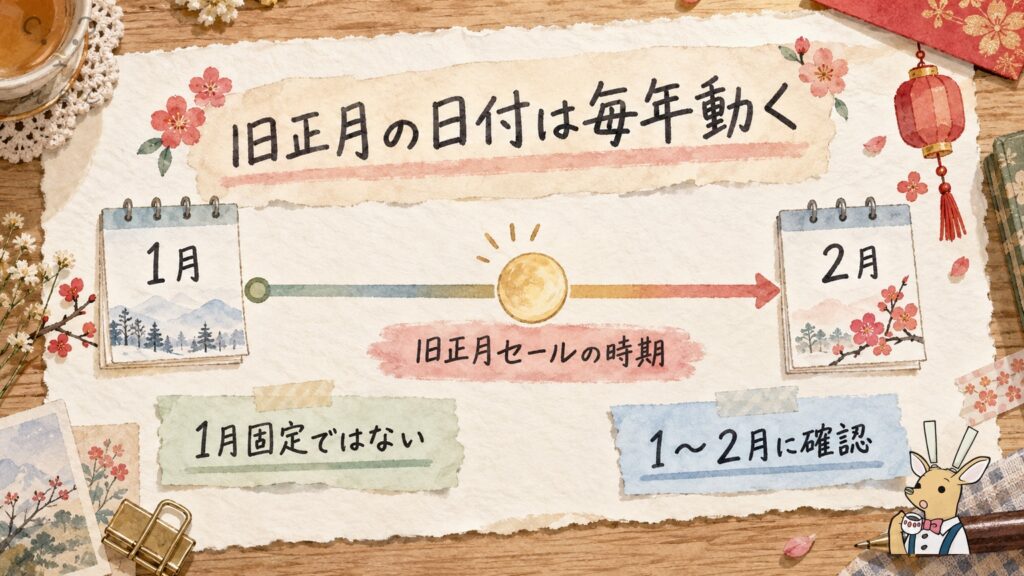 pCloud旧正月セールの時期の図解。旧正月の日付は毎年動くため、セールは1月固定ではなく1〜2月に確認する