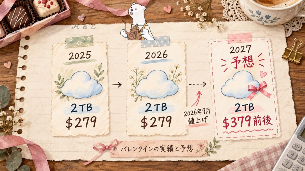 pCloudバレンタインセールの開催実績と予想。2025年と2026年は2TB 279ドル、値上げ後の2027年は379ドル前後と予想