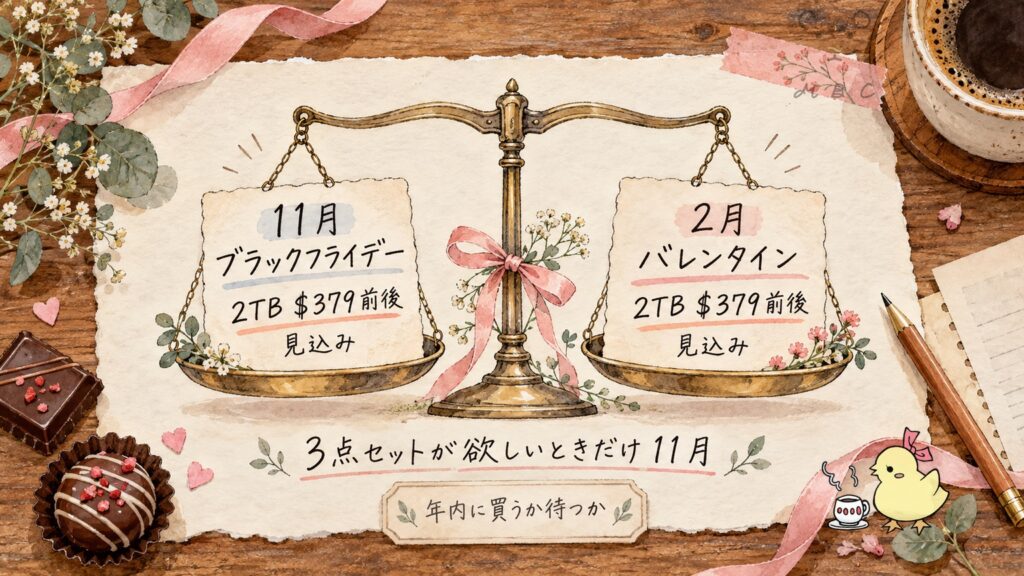pCloudのブラックフライデーとバレンタインセールは2TBがどちらも379ドル前後の見込み。3点セットが欲しいときだけ11月